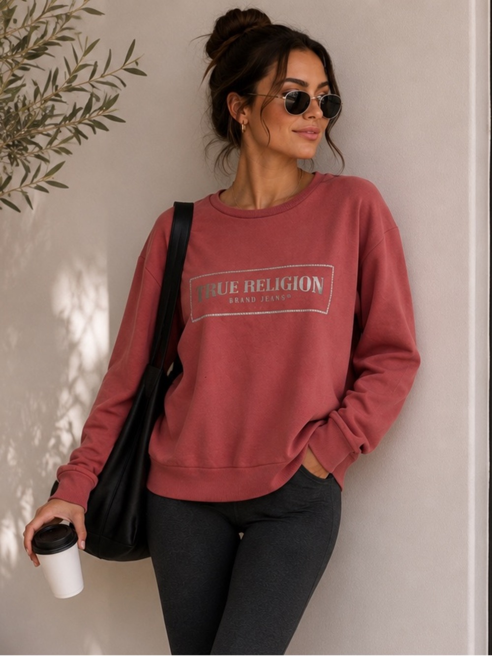 True Religion Rhinestone Logo Sweatshirt XL Dusty Rose Athleisure Cozy
